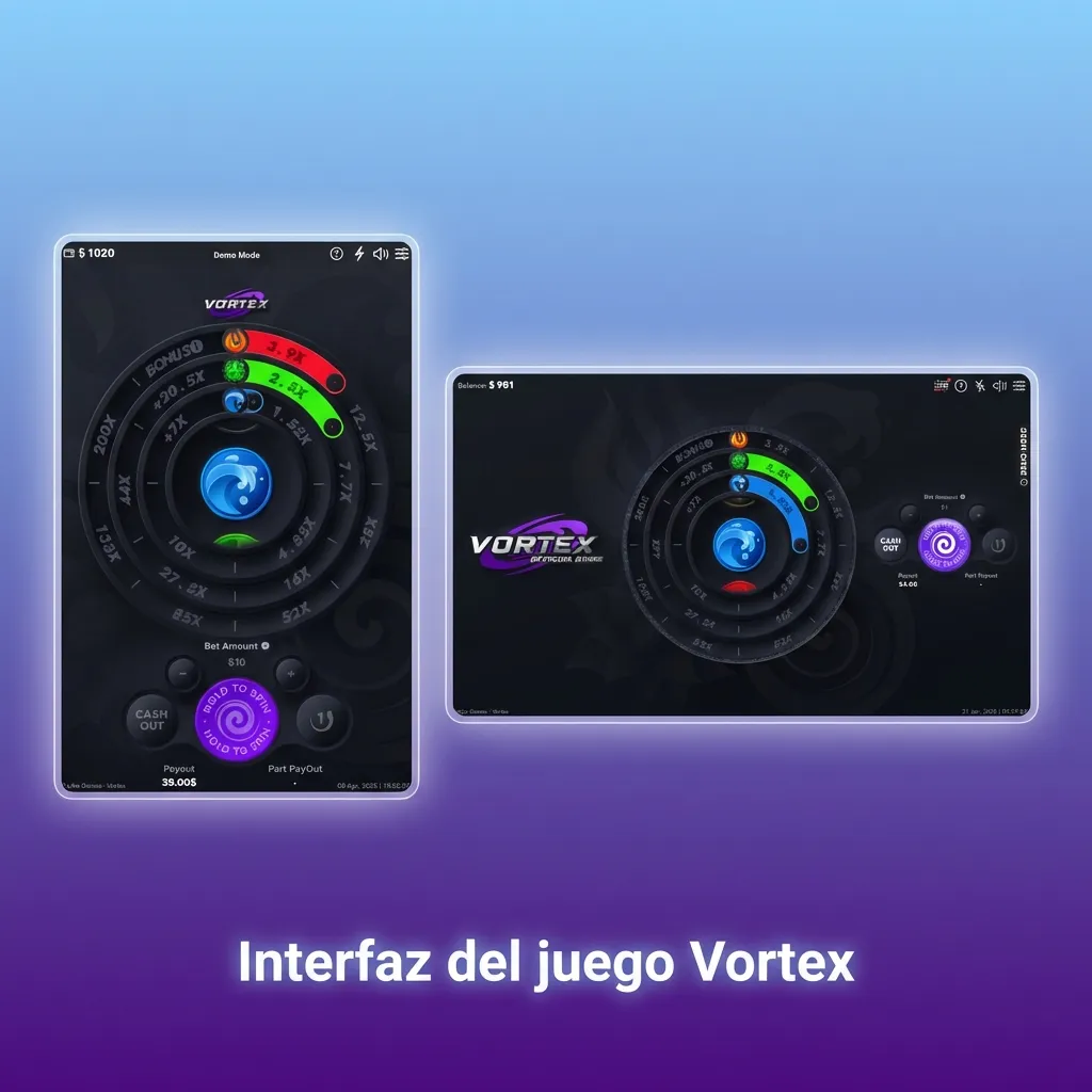 Pantalla del juego Vortex mostrando multiplicador central, gráfico ascendente, panel de apuestas e historial de rondas